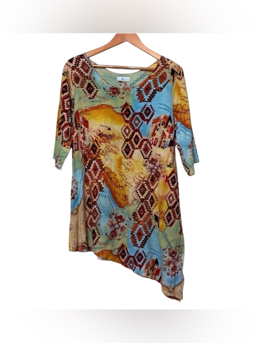 Ivy Reed Asymmetrical Tunic Top‎ Artist Mexico Aztec Southwest Multicolor Medium